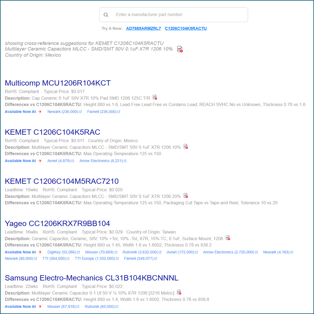 Example of cross reference search engine results from X-Refs.com.